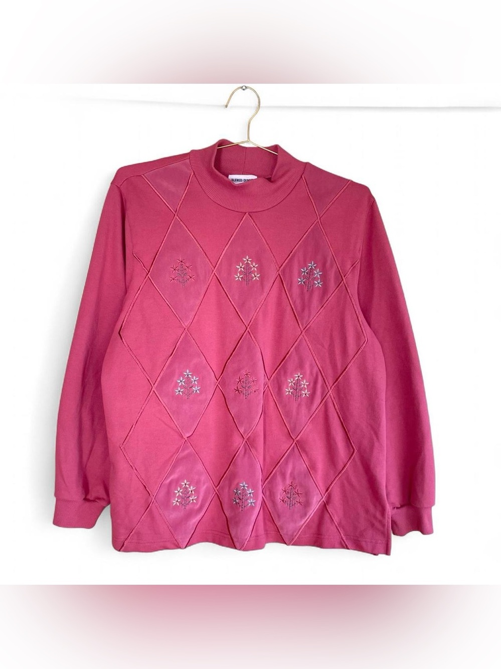 Vintage Alfred Dunner Pink Floral Argyle Mock Neck Sweatshirt Top L